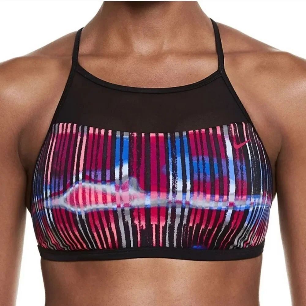 Nike Electrify Sport High-Neck Bikini Swim Top in Fuschia Stripe Size Small
